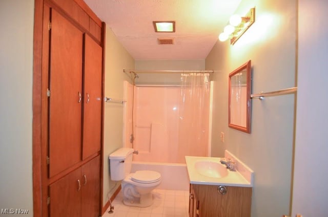 bathroom featuring a textured ceiling, toilet, vanity, visible vents, and shower / bath combination with curtain