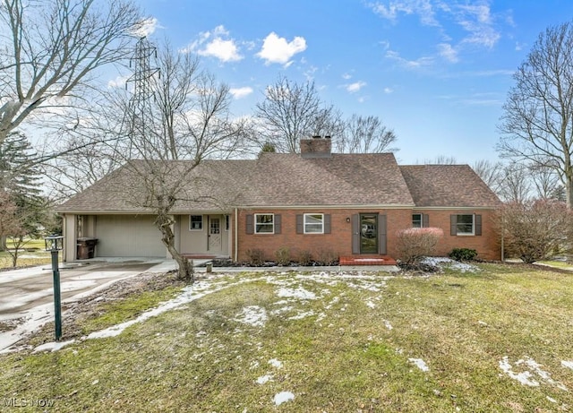 single story home featuring brick siding, a shingled roof, driveway, a chimney, and a front yard