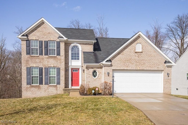 traditional home featuring a front lawn, driveway, an attached garage, a shingled roof, and brick siding