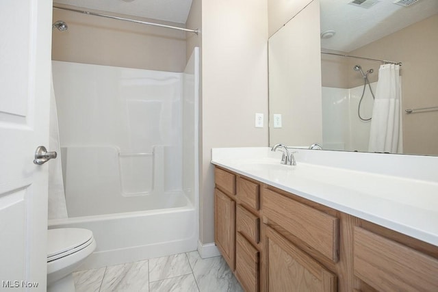 bathroom with visible vents, toilet, shower / bath combo, marble finish floor, and vanity