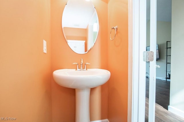 bathroom with a sink and wood finished floors