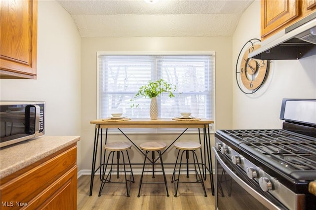 kitchen with appliances with stainless steel finishes, light wood-type flooring, brown cabinets, and under cabinet range hood