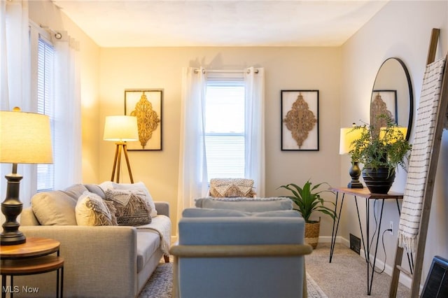 sitting room with carpet floors and baseboards