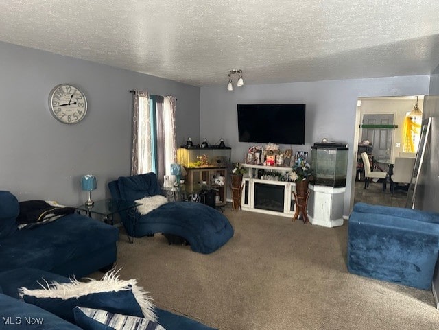 carpeted living area with a fireplace and a textured ceiling