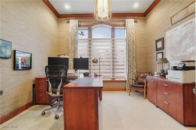 office area with light carpet, baseboards, and crown molding