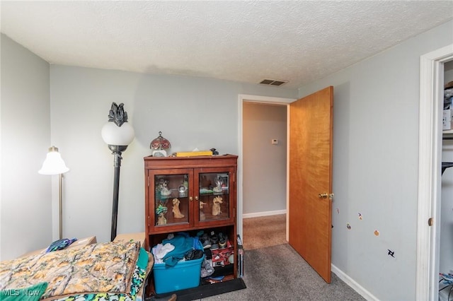 interior space featuring carpet floors, visible vents, a textured ceiling, and baseboards