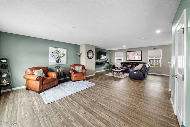 living area featuring baseboards, a textured ceiling, and wood finished floors