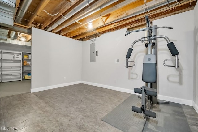 workout area featuring electric panel and baseboards