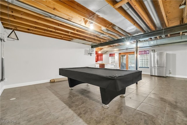 rec room with tile patterned flooring, billiards, and baseboards