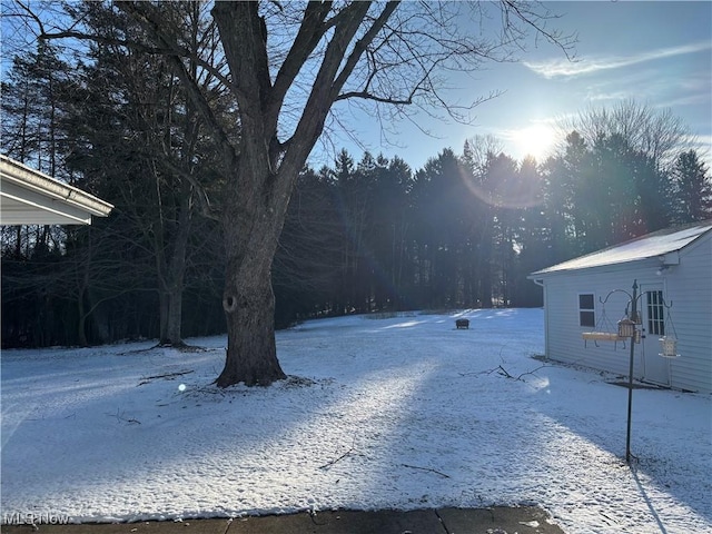 yard covered in snow with a wooded view