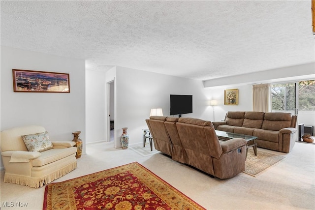 living area featuring a textured ceiling, carpet floors, and baseboards