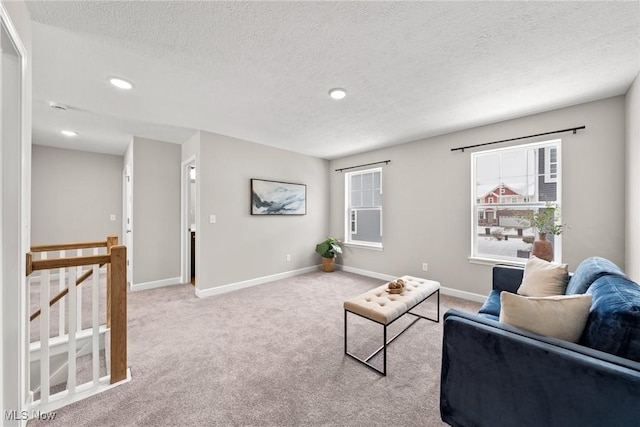 living room featuring carpet, baseboards, and a textured ceiling