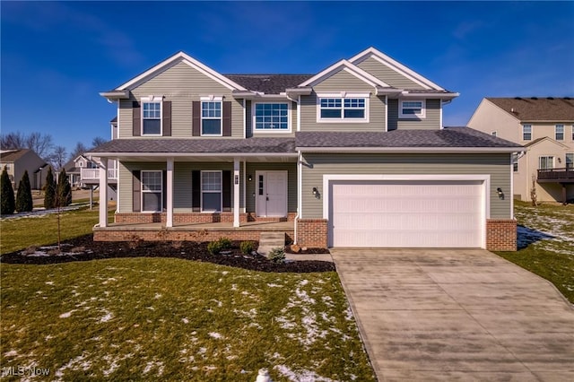 view of front facade with an attached garage, covered porch, brick siding, concrete driveway, and a front yard