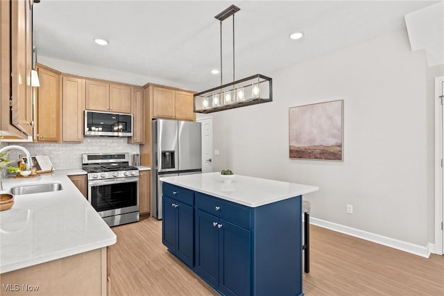 kitchen featuring a center island, decorative backsplash, appliances with stainless steel finishes, light wood-style floors, and a sink