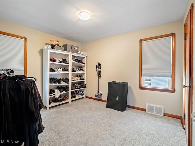 spacious closet featuring visible vents and carpet flooring