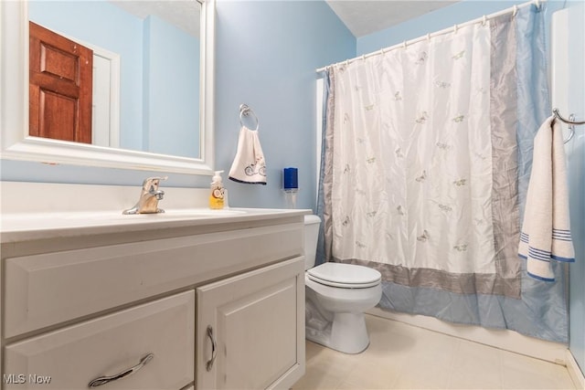 full bath with a shower with shower curtain, toilet, and vanity