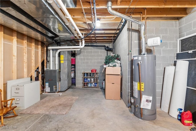 unfinished basement with water heater and heating unit