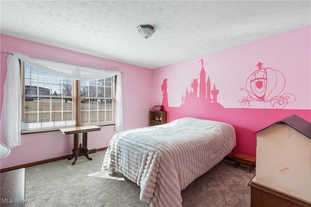 carpeted bedroom featuring a textured ceiling and baseboards