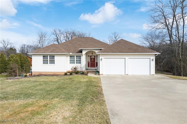 single story home with driveway, a front lawn, an attached garage, a shingled roof, and a chimney