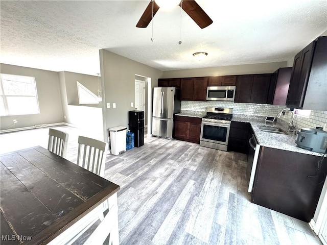 kitchen with decorative backsplash, appliances with stainless steel finishes, a sink, dark brown cabinets, and light wood-type flooring