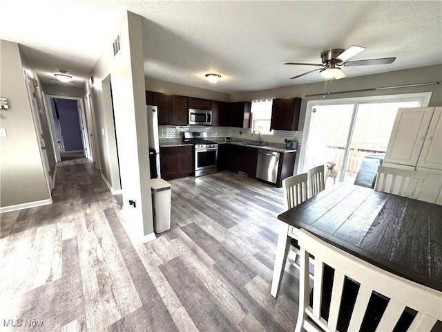 kitchen with dark brown cabinetry, a sink, light wood-style floors, appliances with stainless steel finishes, and tasteful backsplash