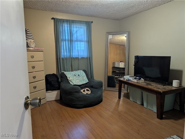 sitting room featuring a textured ceiling and wood finished floors