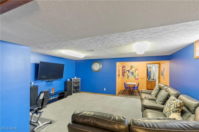 carpeted living room featuring a textured ceiling and baseboards