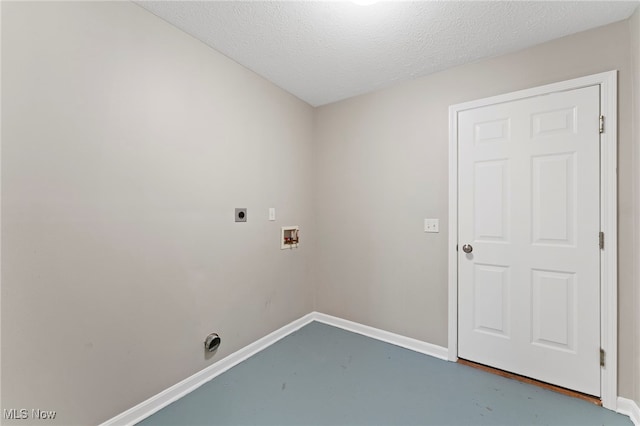 laundry room with a textured ceiling, hookup for a washing machine, laundry area, baseboards, and electric dryer hookup