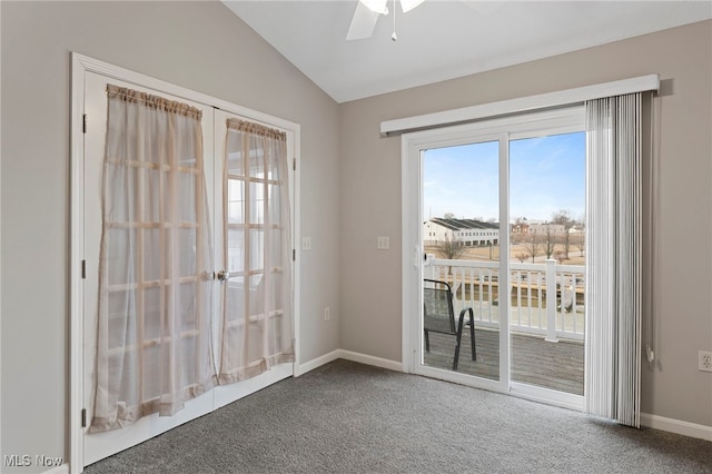 doorway to outside with baseboards, lofted ceiling, ceiling fan, carpet, and french doors