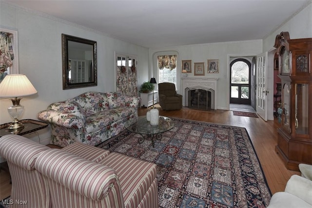 living area with crown molding, a fireplace, and wood finished floors