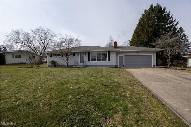 ranch-style home featuring driveway, an attached garage, a chimney, and a front yard