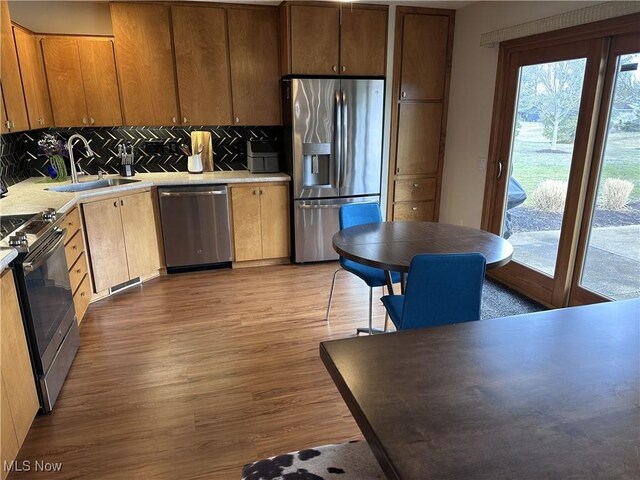 kitchen featuring stainless steel appliances, tasteful backsplash, a sink, and wood finished floors