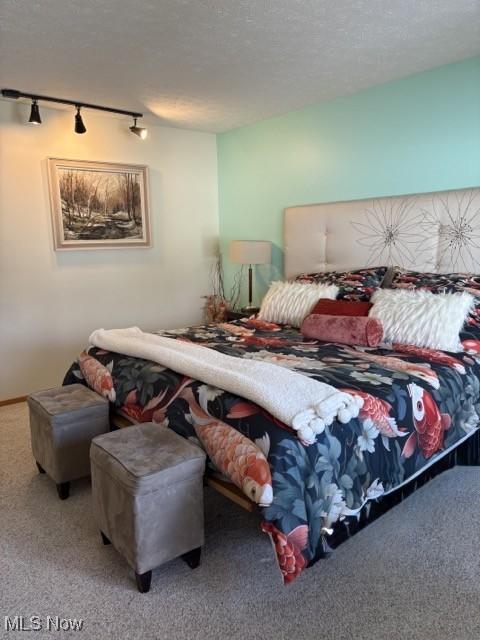 carpeted bedroom with rail lighting and a textured ceiling