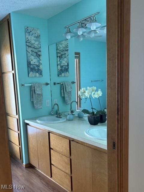 bathroom featuring double vanity, a sink, and wood finished floors