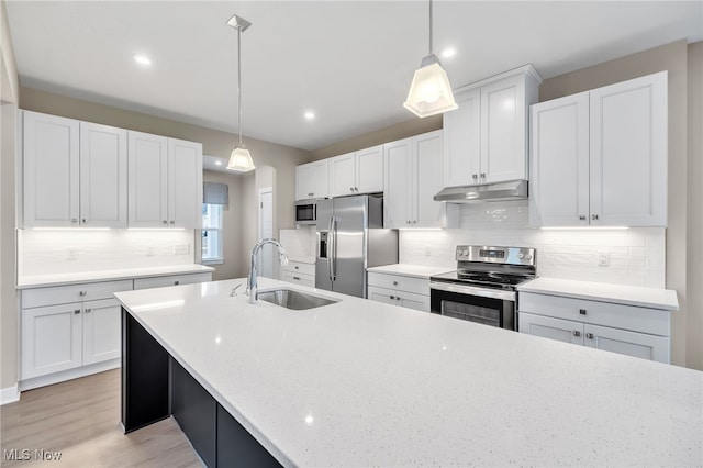 kitchen with stainless steel appliances, white cabinetry, a sink, and under cabinet range hood