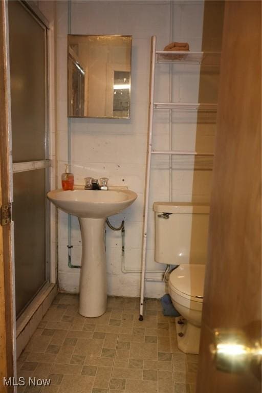 bathroom with a stall shower and toilet