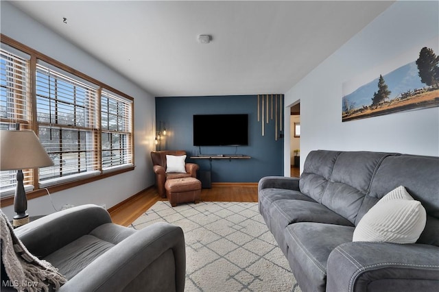 living room with baseboards and wood finished floors