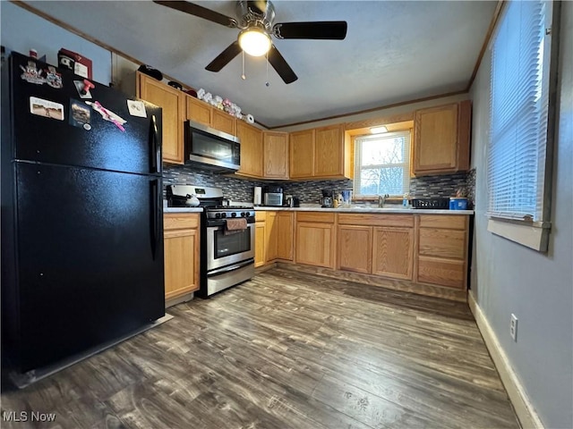 kitchen featuring a sink, light countertops, appliances with stainless steel finishes, backsplash, and dark wood-style floors