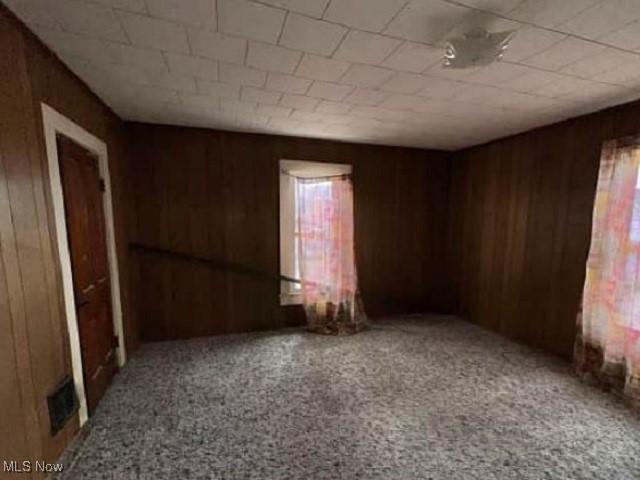 spare room with carpet floors and wooden walls