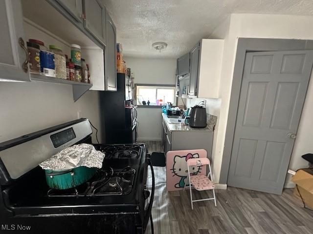 kitchen featuring stainless steel gas stove, wood finished floors, freestanding refrigerator, a textured ceiling, and gray cabinetry