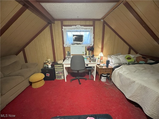 bedroom with carpet floors, lofted ceiling, wood walls, and a textured ceiling