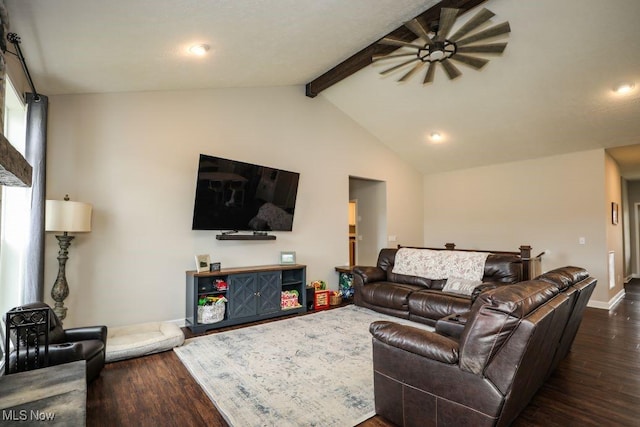 living area with vaulted ceiling with beams, baseboards, and dark wood-style flooring