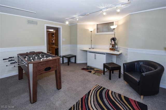 playroom with crown molding, visible vents, wainscoting, carpet flooring, and track lighting