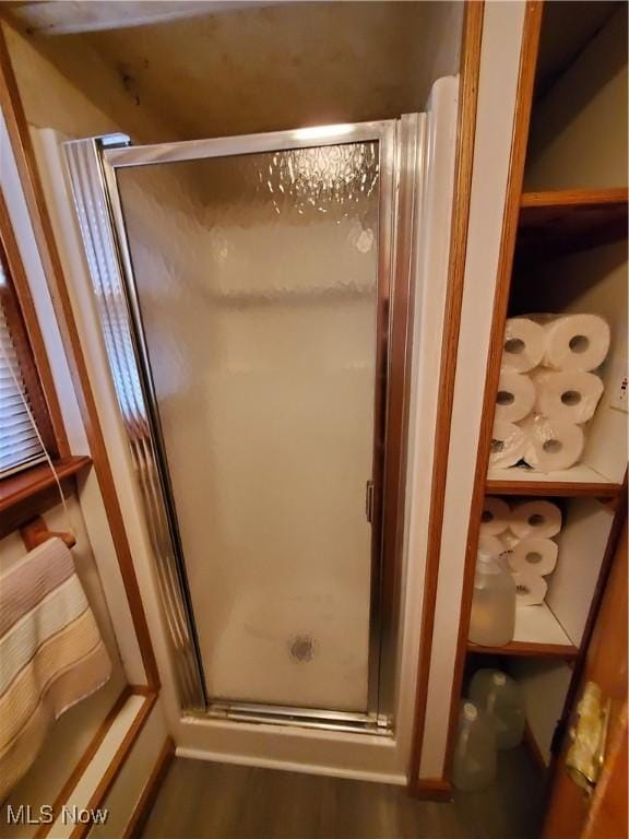 full bathroom featuring a shower stall and wood finished floors