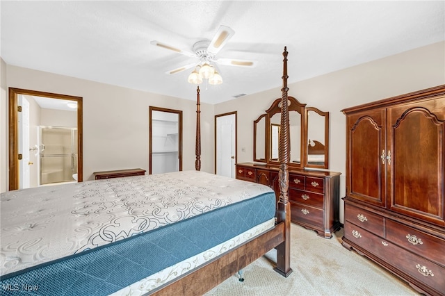 bedroom with a ceiling fan, light carpet, and visible vents