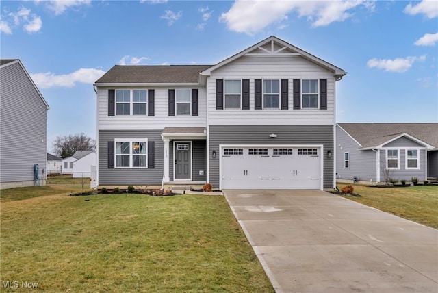 view of front of home featuring concrete driveway, an attached garage, and a front lawn