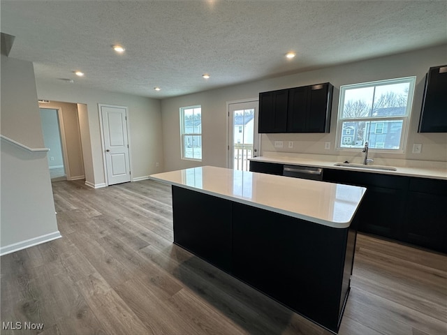 kitchen with light countertops, a sink, dark cabinets, light wood-type flooring, and dishwasher