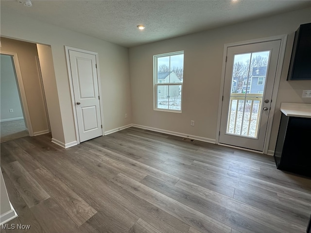 interior space featuring a textured ceiling, baseboards, and wood finished floors