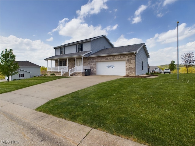 view of front of property featuring a porch, an attached garage, brick siding, driveway, and a front yard