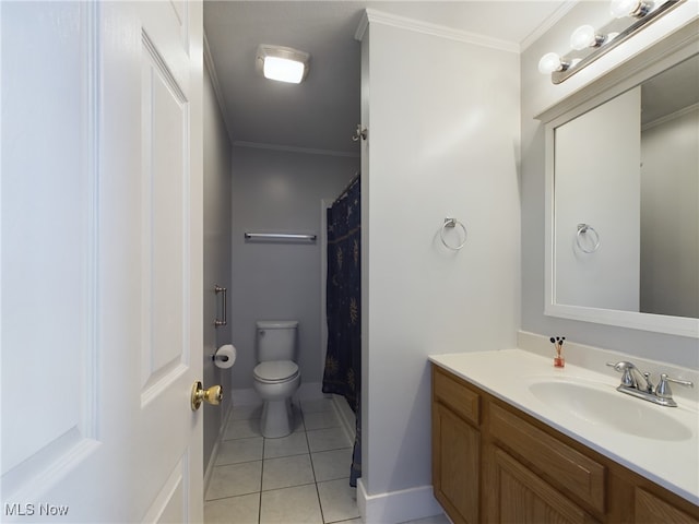 bathroom with tile patterned flooring, crown molding, vanity, and toilet